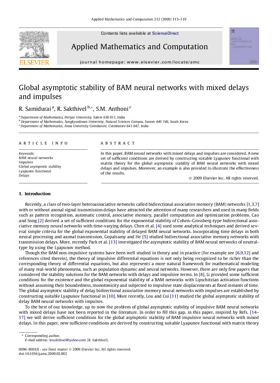 Global asymptotic stability of BAM neural networks with mixed delays and impulses