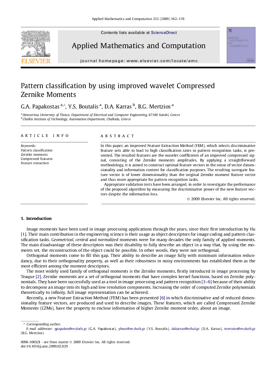 Pattern classification by using improved wavelet Compressed Zernike Moments