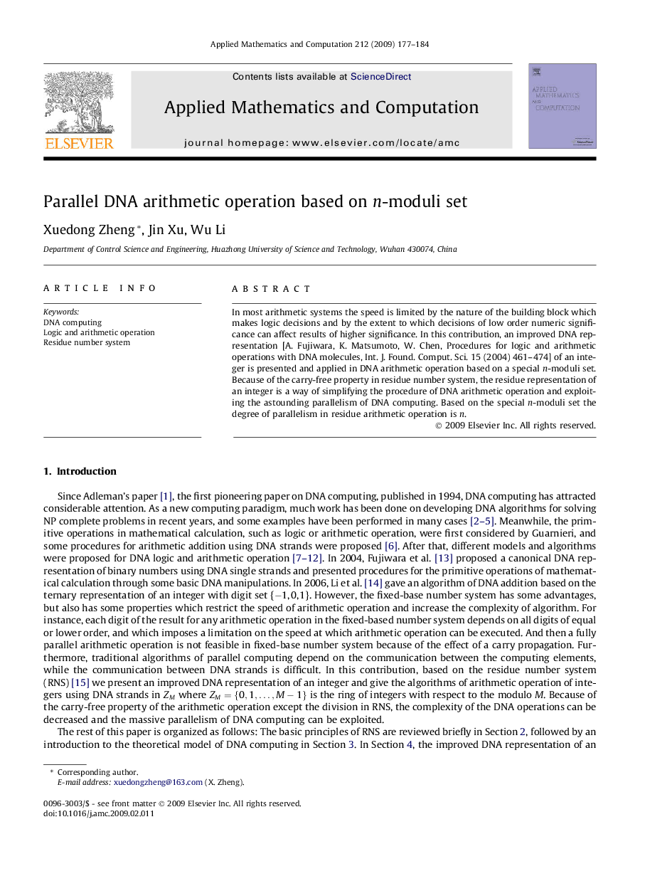 Parallel DNA arithmetic operation based on n-moduli set