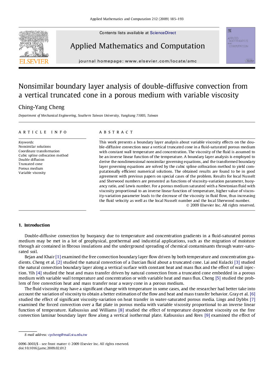 Nonsimilar boundary layer analysis of double-diffusive convection from a vertical truncated cone in a porous medium with variable viscosity