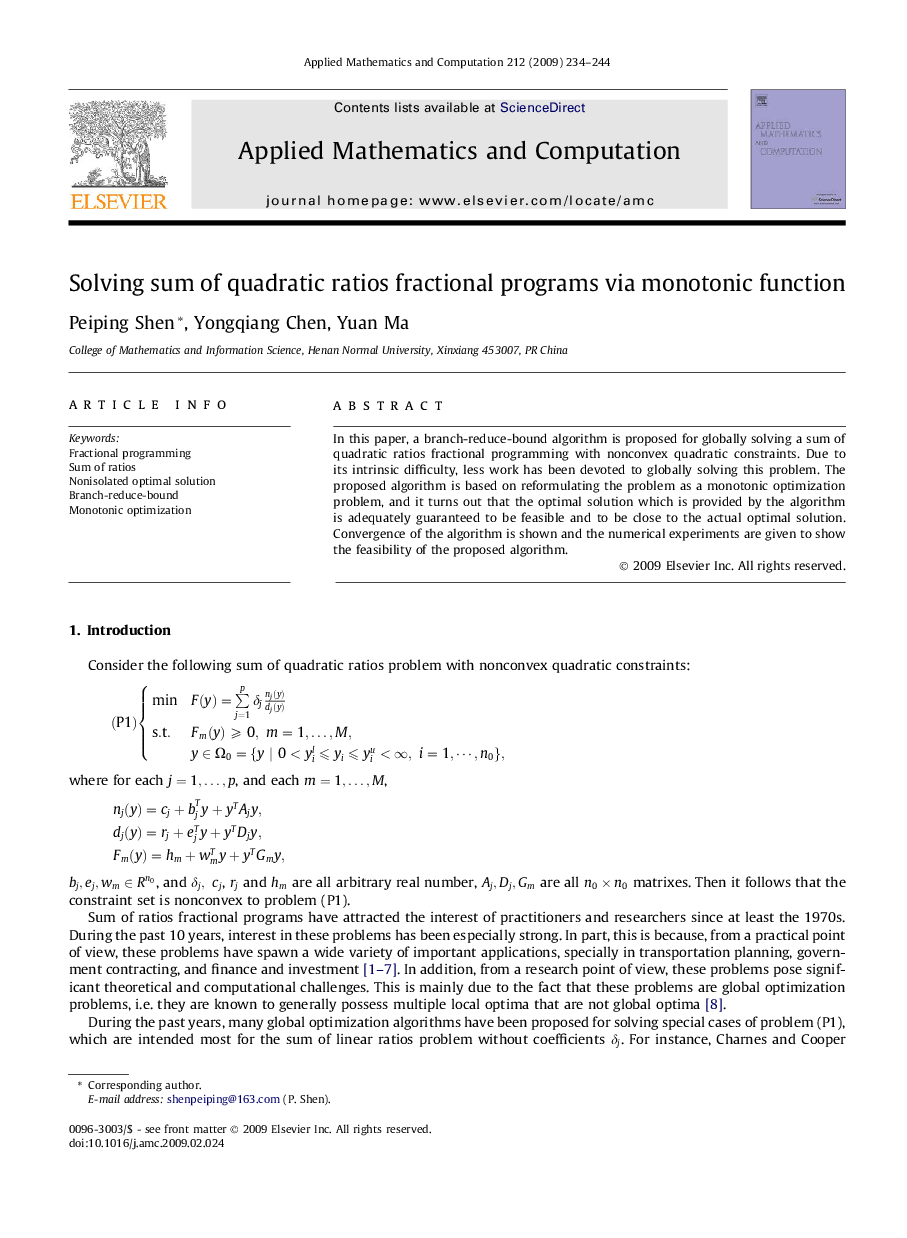 Solving sum of quadratic ratios fractional programs via monotonic function