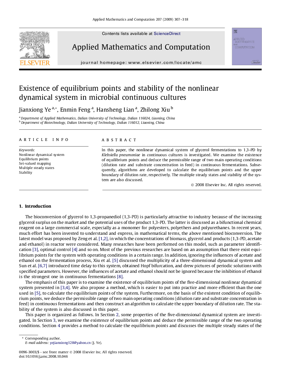 Existence of equilibrium points and stability of the nonlinear dynamical system in microbial continuous cultures