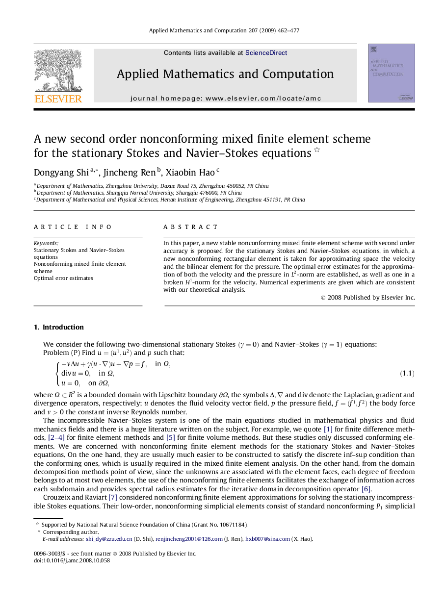 A new second order nonconforming mixed finite element scheme for the stationary Stokes and Navier–Stokes equations 