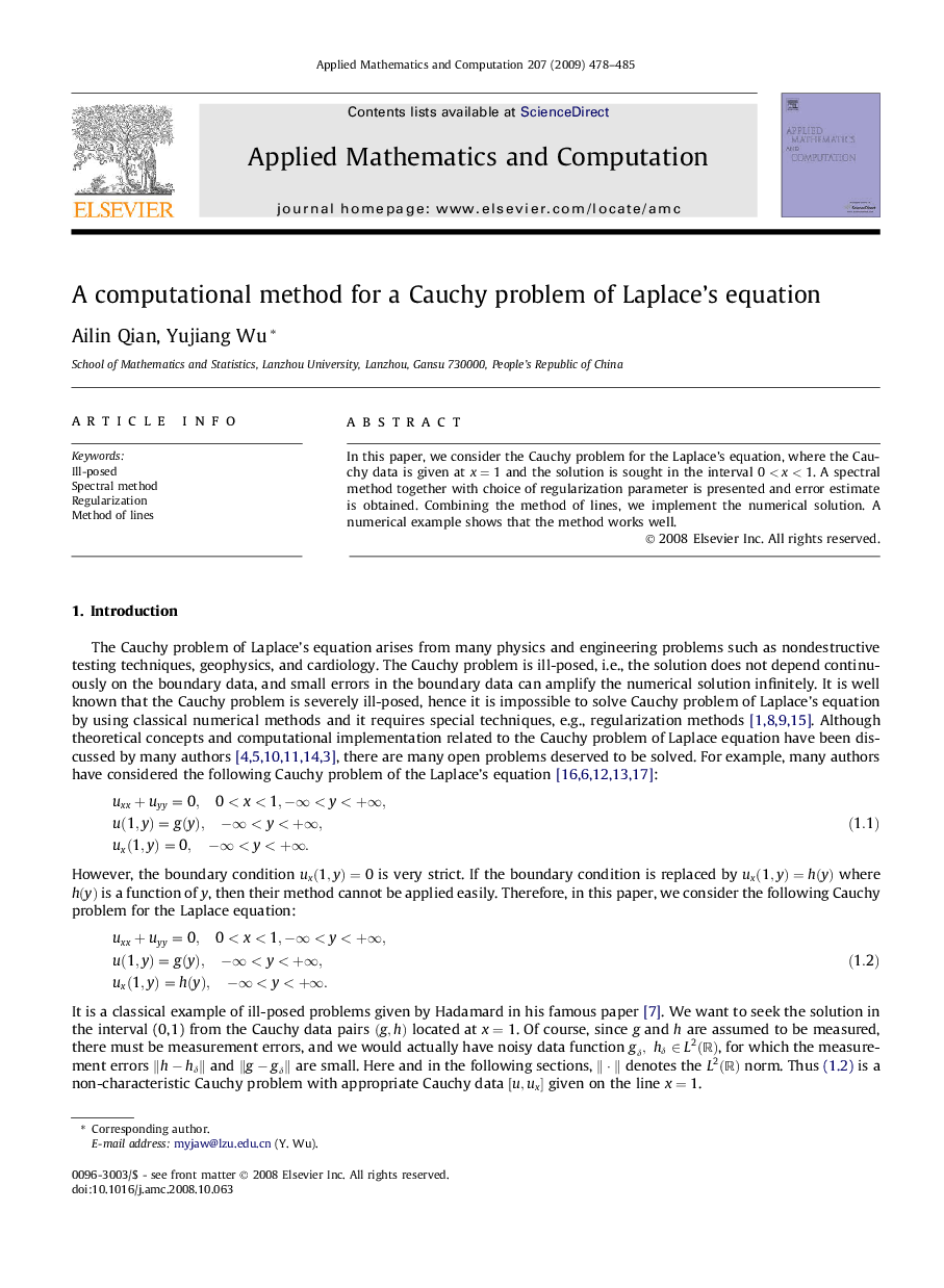 A computational method for a Cauchy problem of Laplace's equation