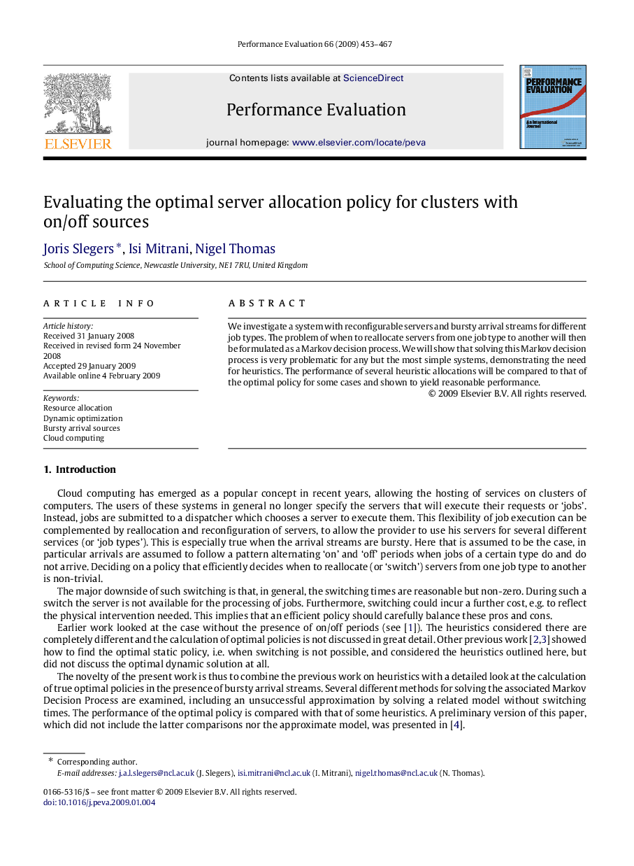 عکس صفحه اول مقاله: Evaluating the optimal server allocation policy for clusters with on/off sources Evaluating the optimal server allocation policy for clusters with on/off sources