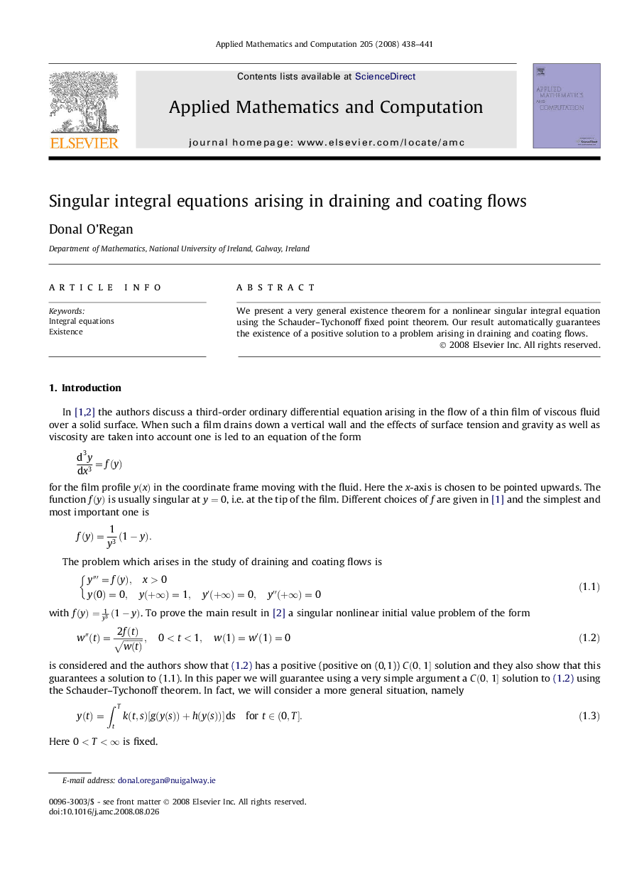 عکس صفحه اول مقاله: Singular integral equations arising in draining and coating flows Singular integral equations arising in draining and coating flows
