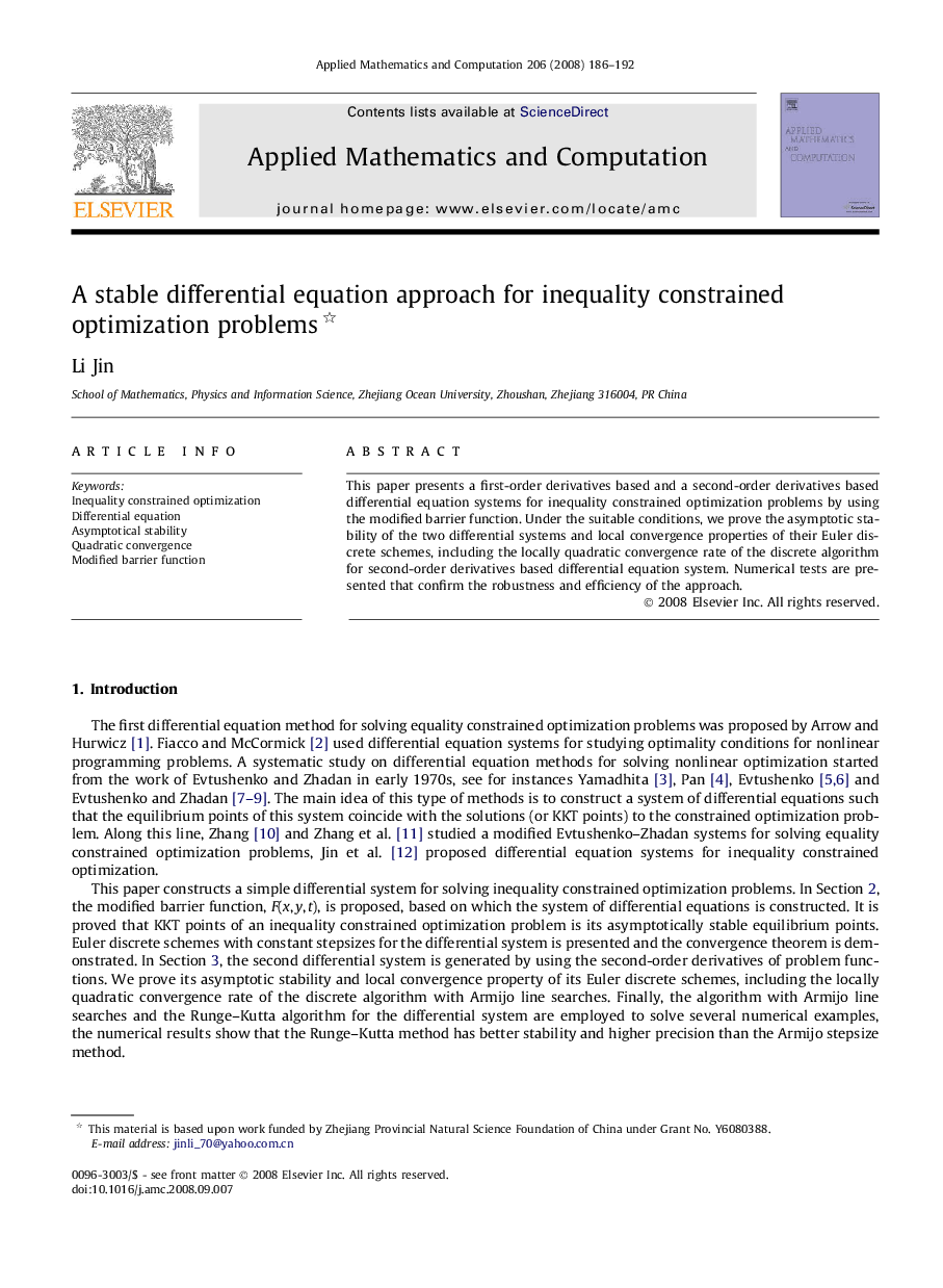 A stable differential equation approach for inequality constrained optimization problems