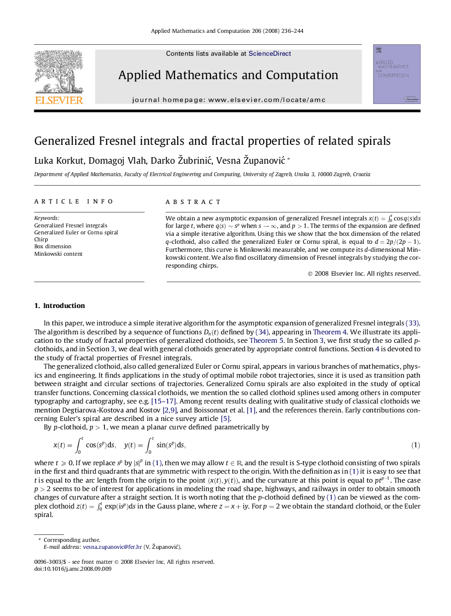 Generalized Fresnel integrals and fractal properties of related spirals