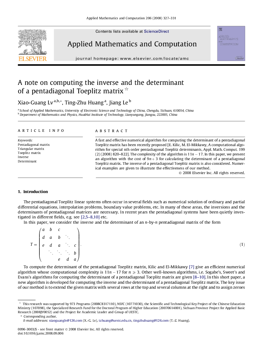 A note on computing the inverse and the determinant of a pentadiagonal Toeplitz matrix 