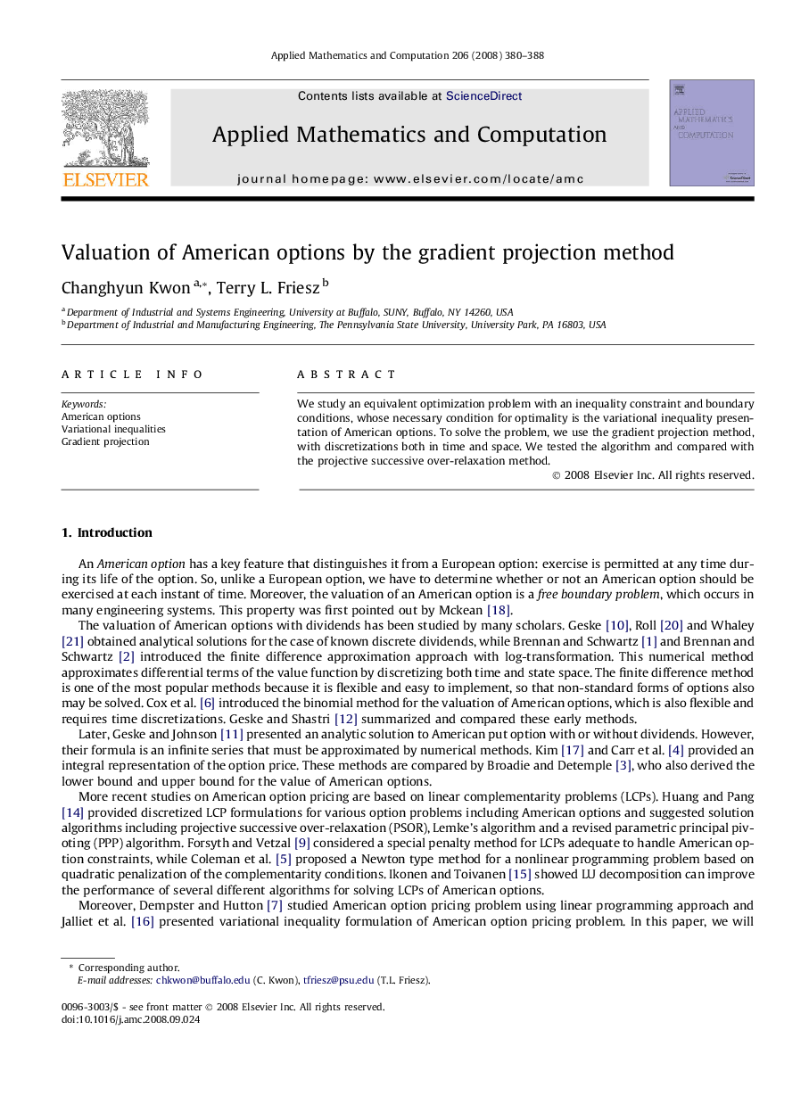 Valuation of American options by the gradient projection method