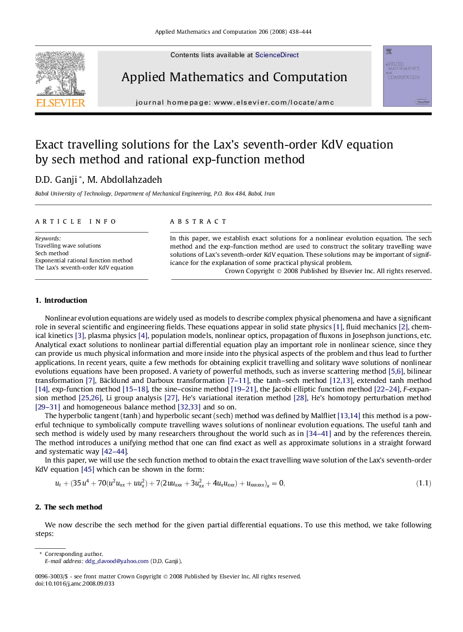 Exact travelling solutions for the Lax’s seventh-order KdV equation by sech method and rational exp-function method