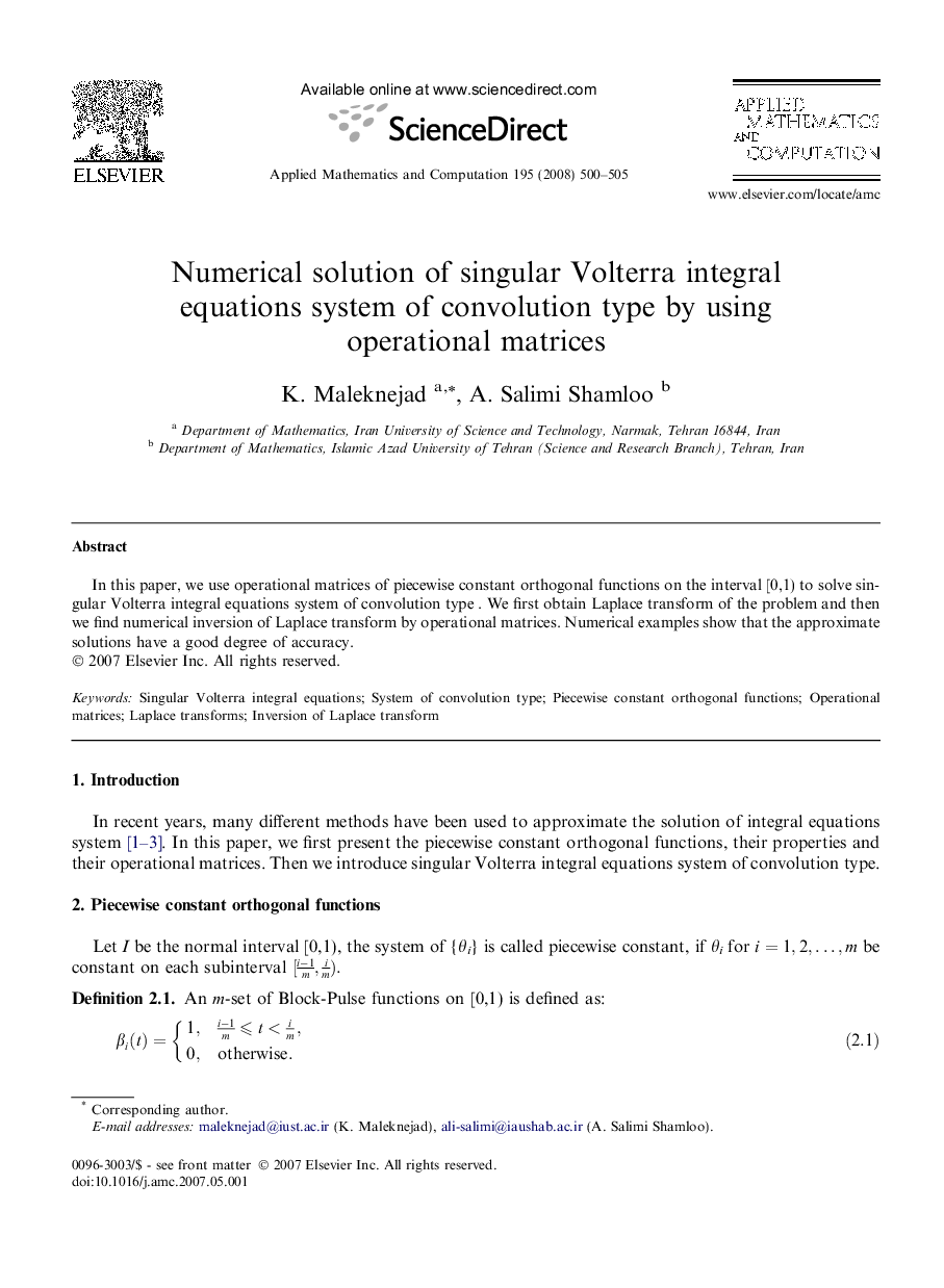 Numerical solution of singular Volterra integral equations system of convolution type by using operational matrices