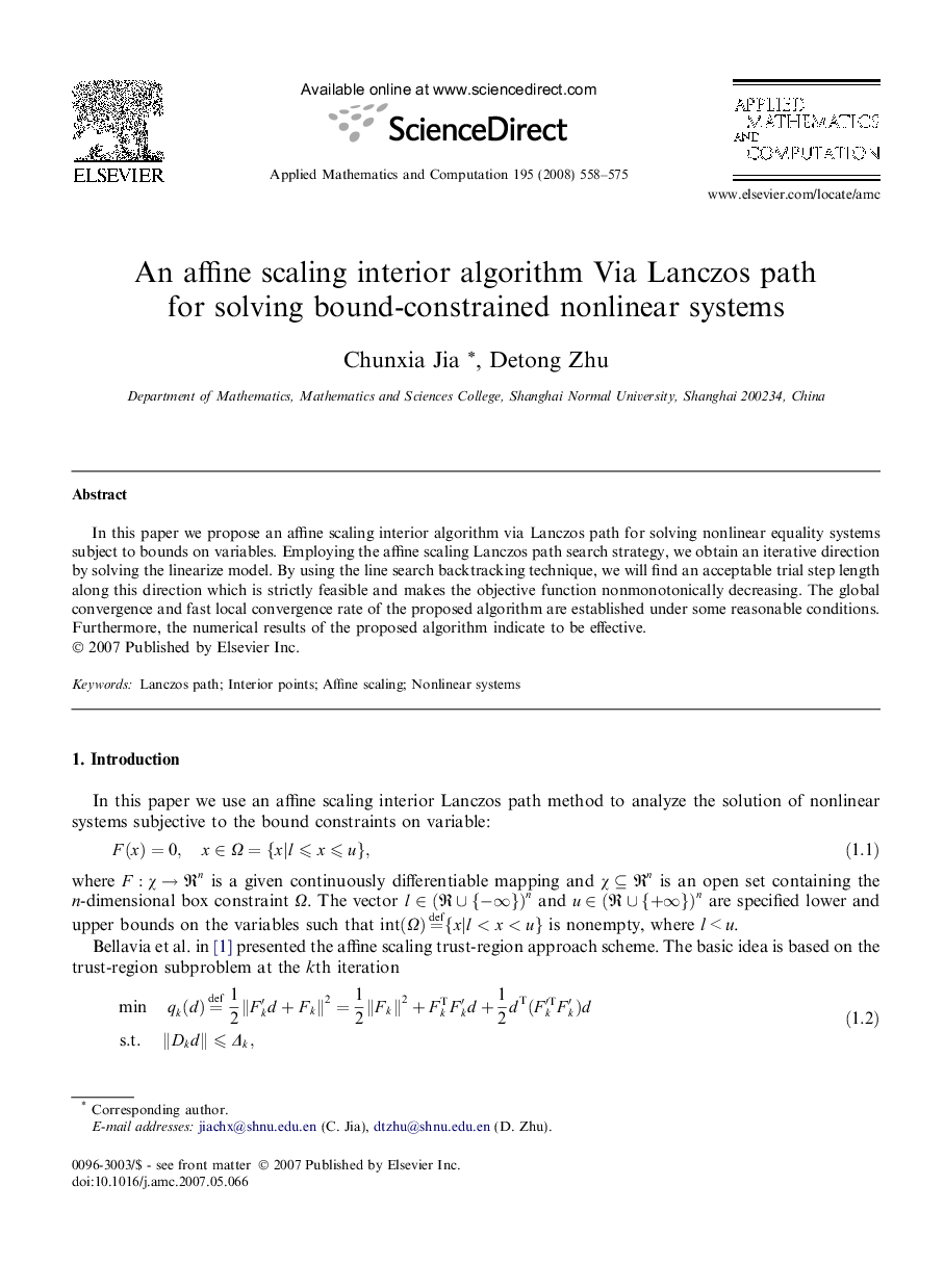 An affine scaling interior algorithm Via Lanczos path for solving bound-constrained nonlinear systems
