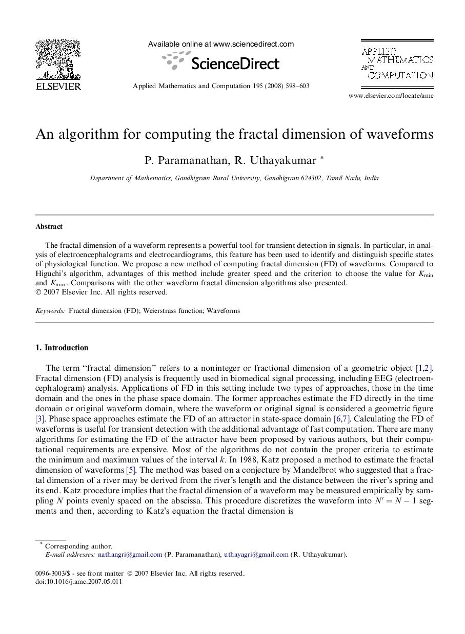 An algorithm for computing the fractal dimension of waveforms