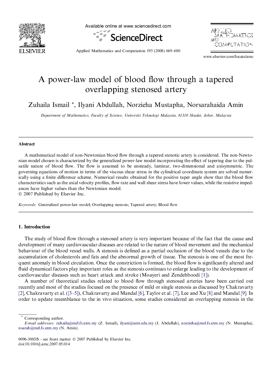 A power-law model of blood flow through a tapered overlapping stenosed artery