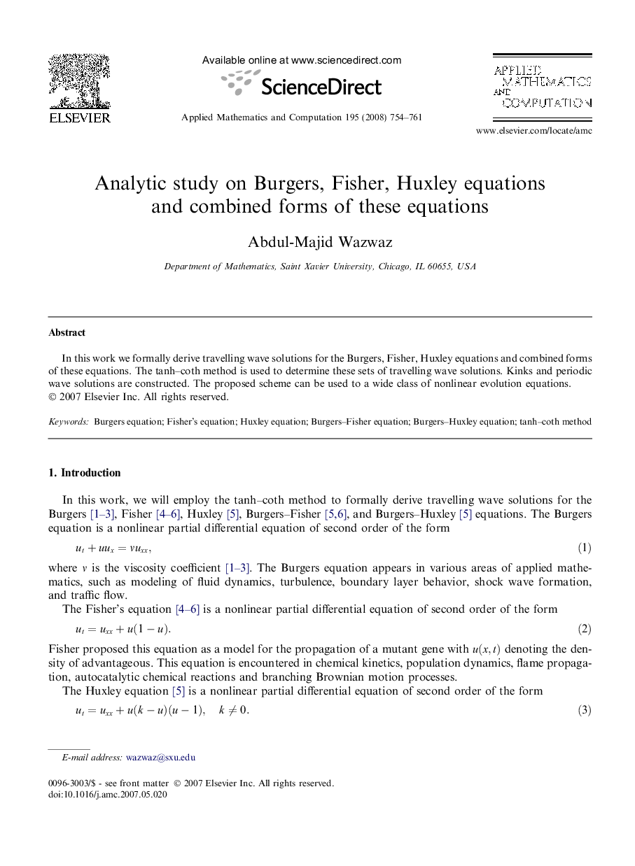 Analytic study on Burgers, Fisher, Huxley equations and combined forms of these equations