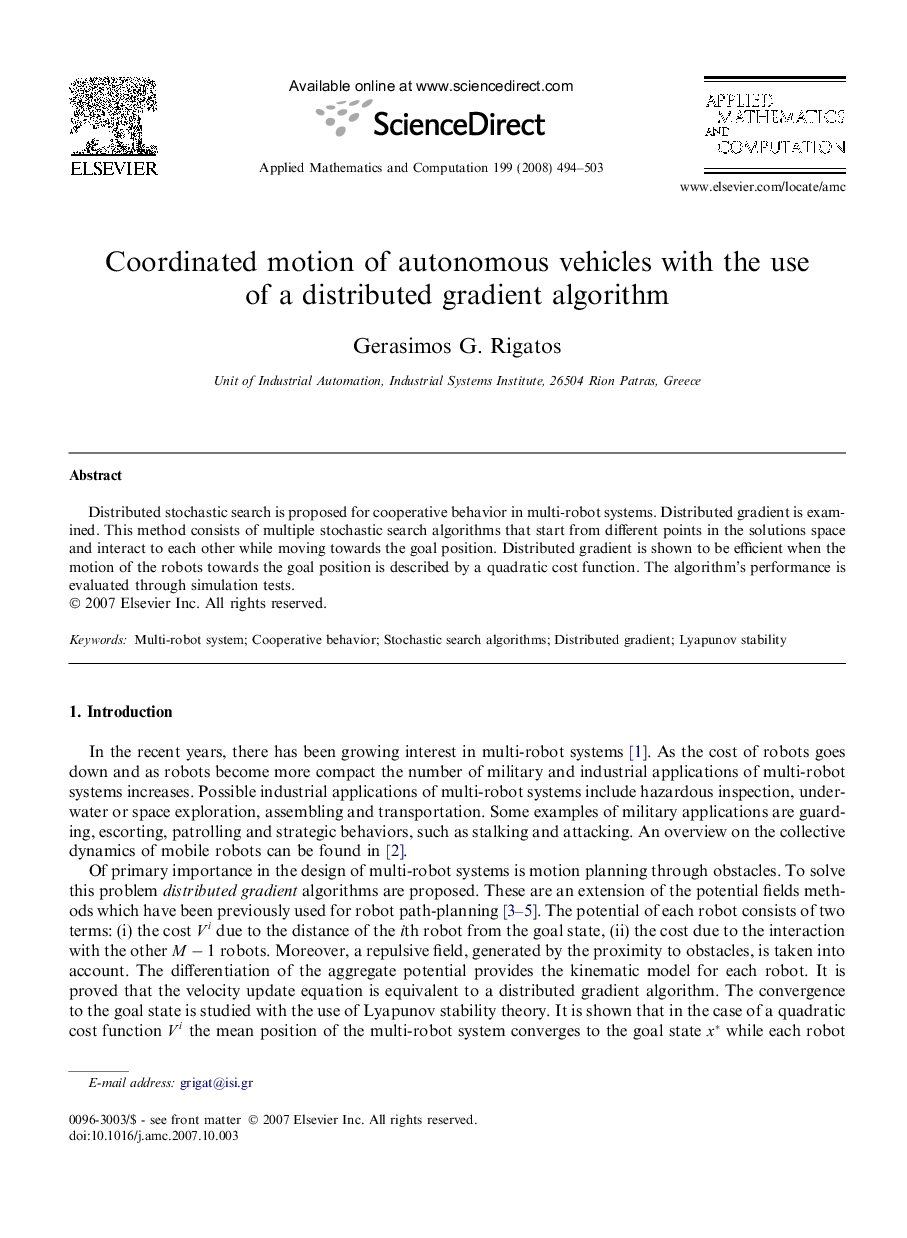 Coordinated motion of autonomous vehicles with the use of a distributed gradient algorithm