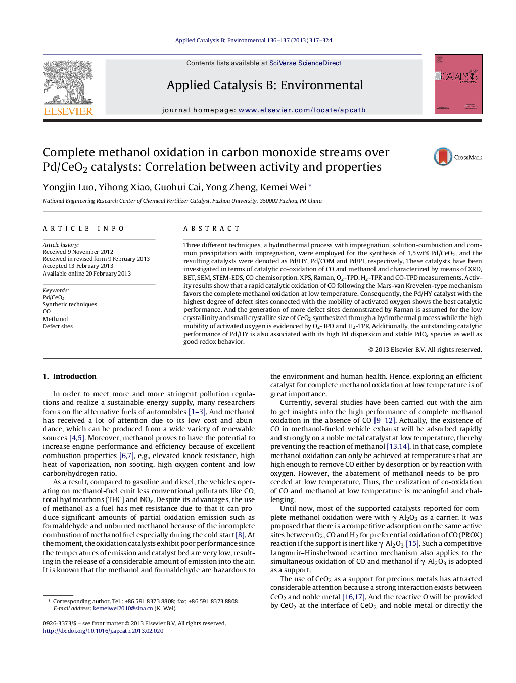 Complete methanol oxidation in carbon monoxide streams over Pd/CeO2 catalysts: Correlation between activity and properties