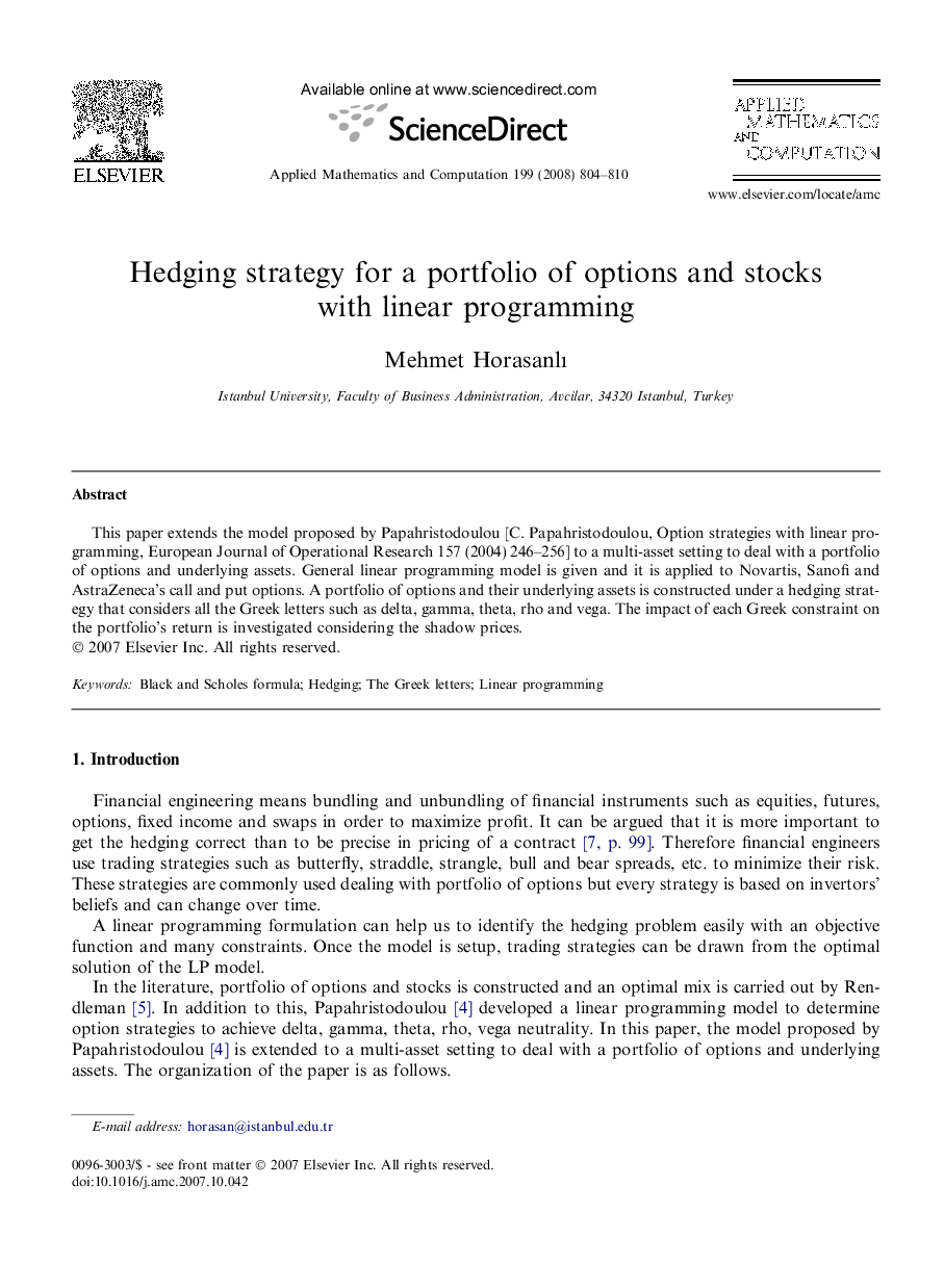 Hedging strategy for a portfolio of options and stocks with linear programming