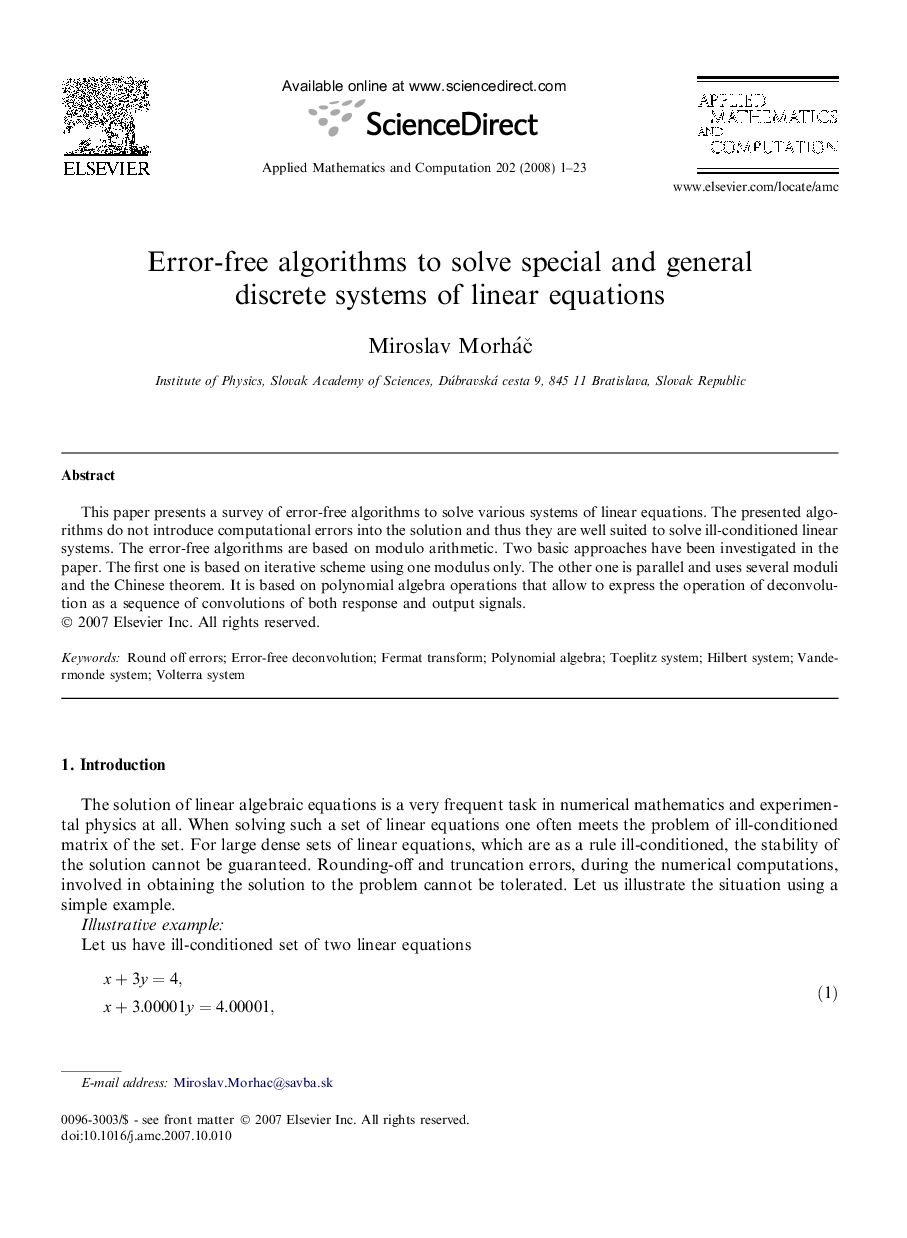 Error-free algorithms to solve special and general discrete systems of linear equations