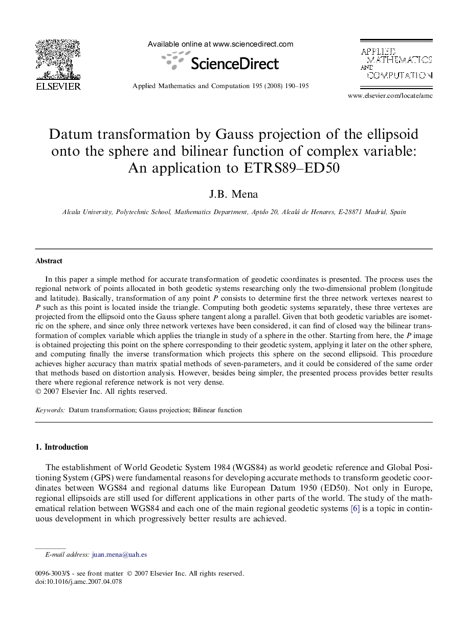 Datum transformation by Gauss projection of the ellipsoid onto the sphere and bilinear function of complex variable: An application to ETRS89-ED50