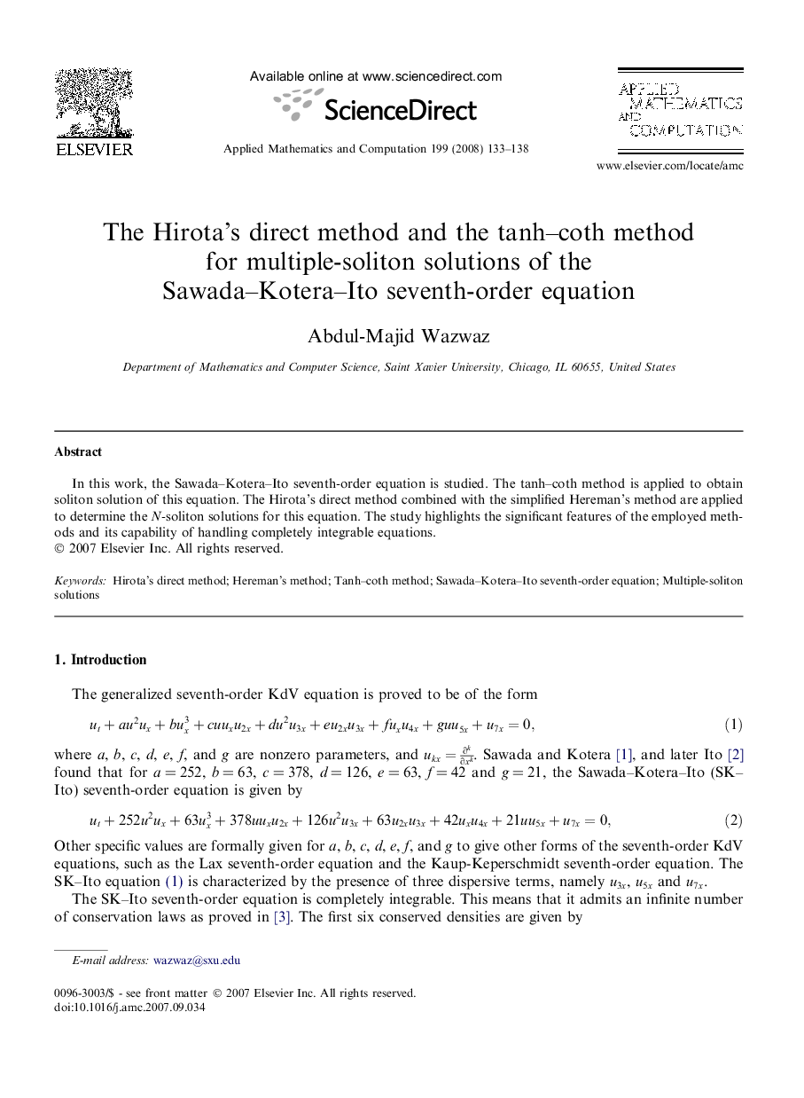 The Hirota’s direct method and the tanh–coth method for multiple-soliton solutions of the Sawada–Kotera–Ito seventh-order equation