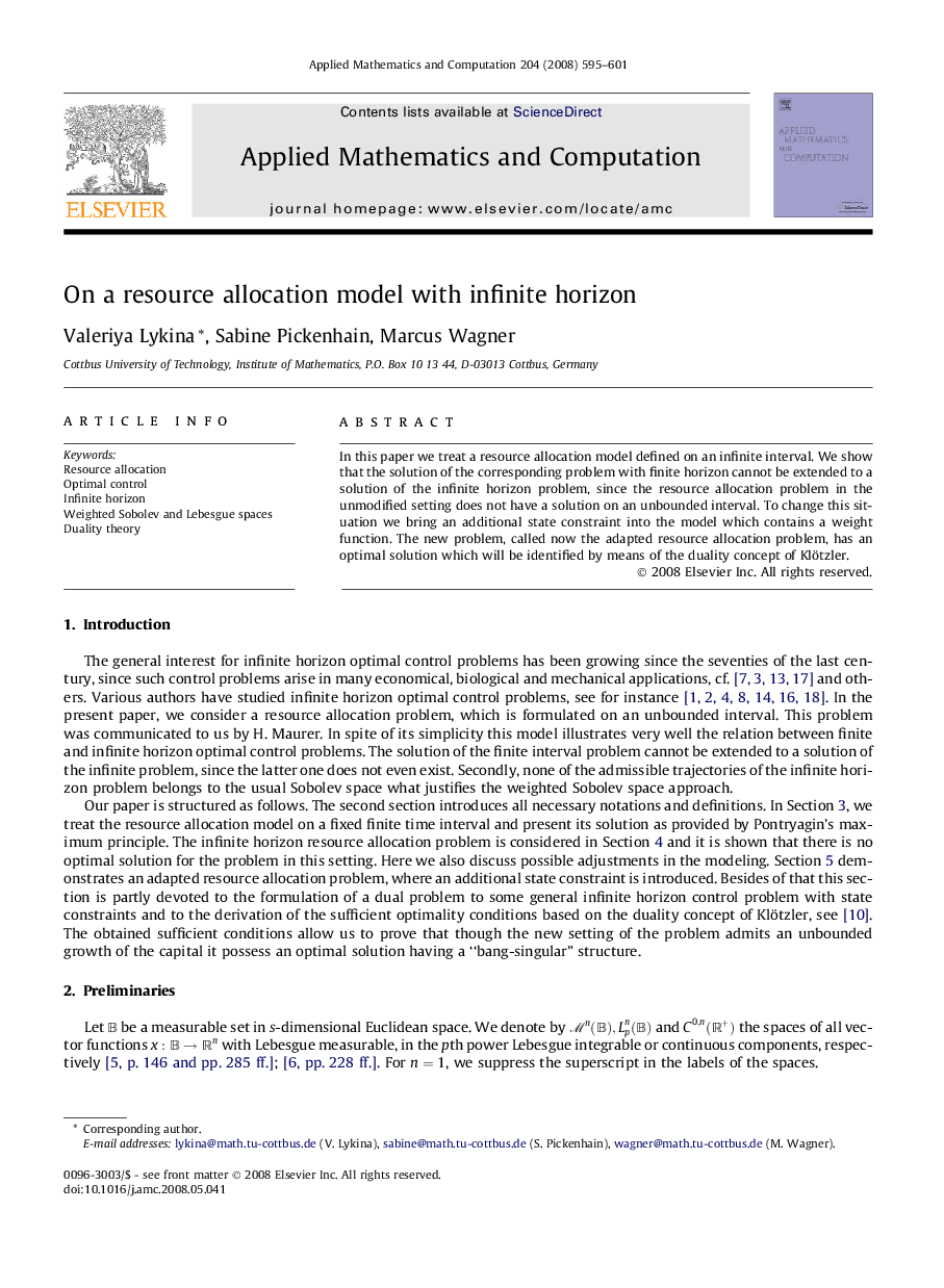 On a resource allocation model with infinite horizon