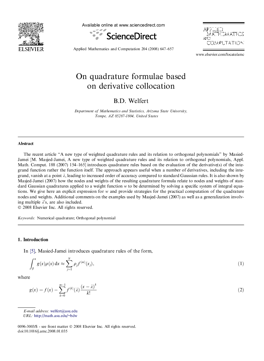 On quadrature formulae based on derivative collocation