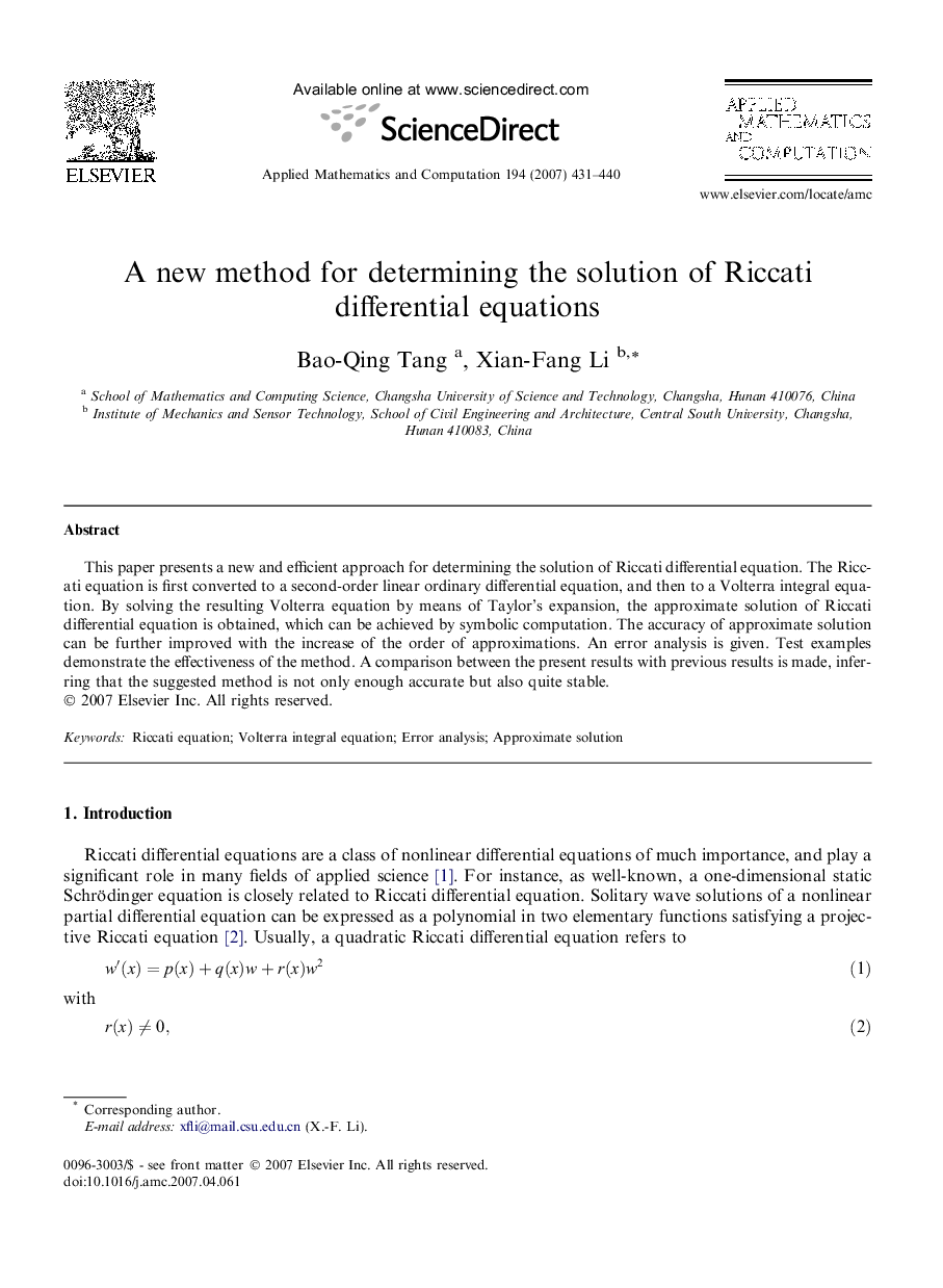 A new method for determining the solution of Riccati differential equations