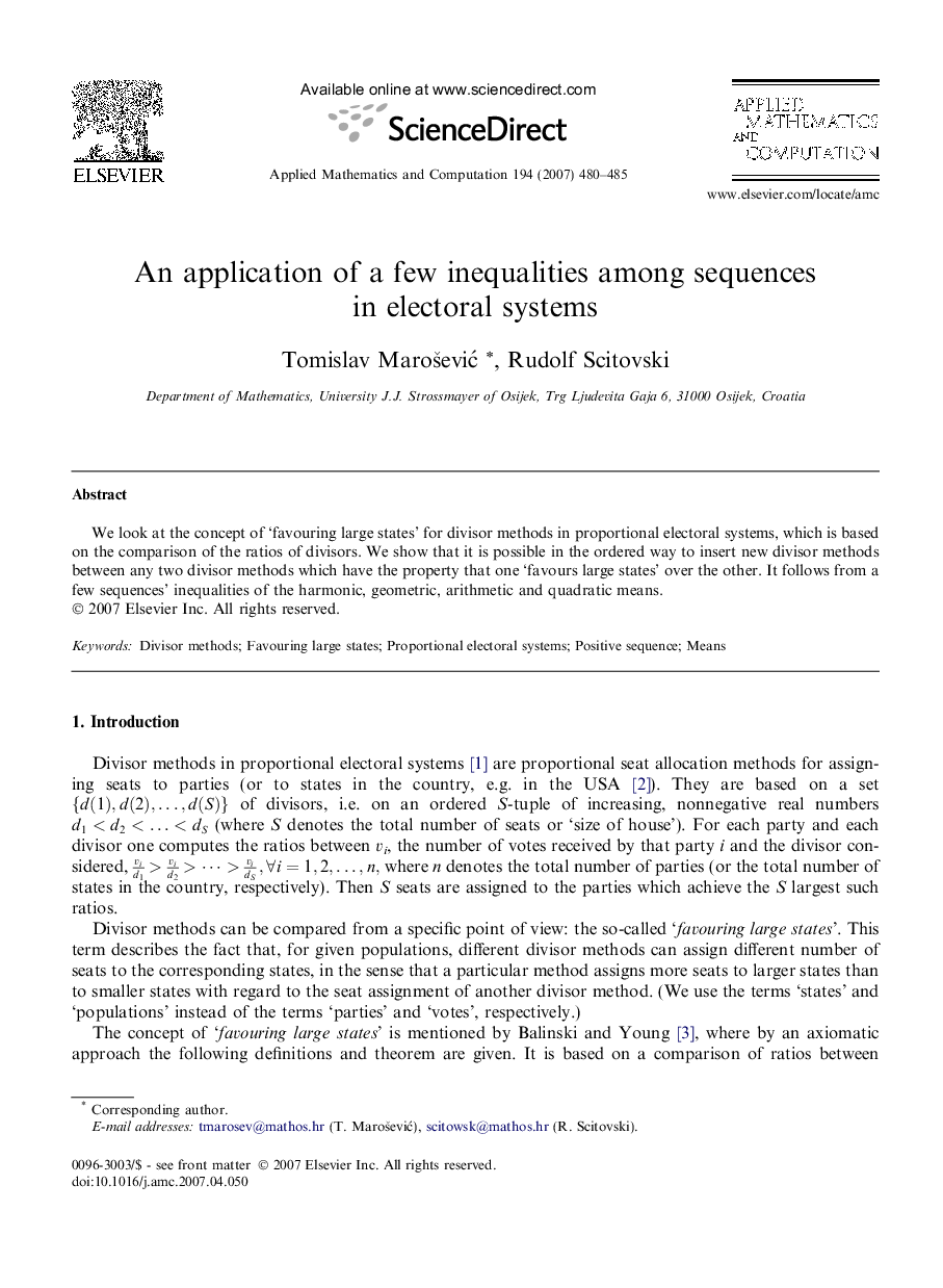 An application of a few inequalities among sequences in electoral systems