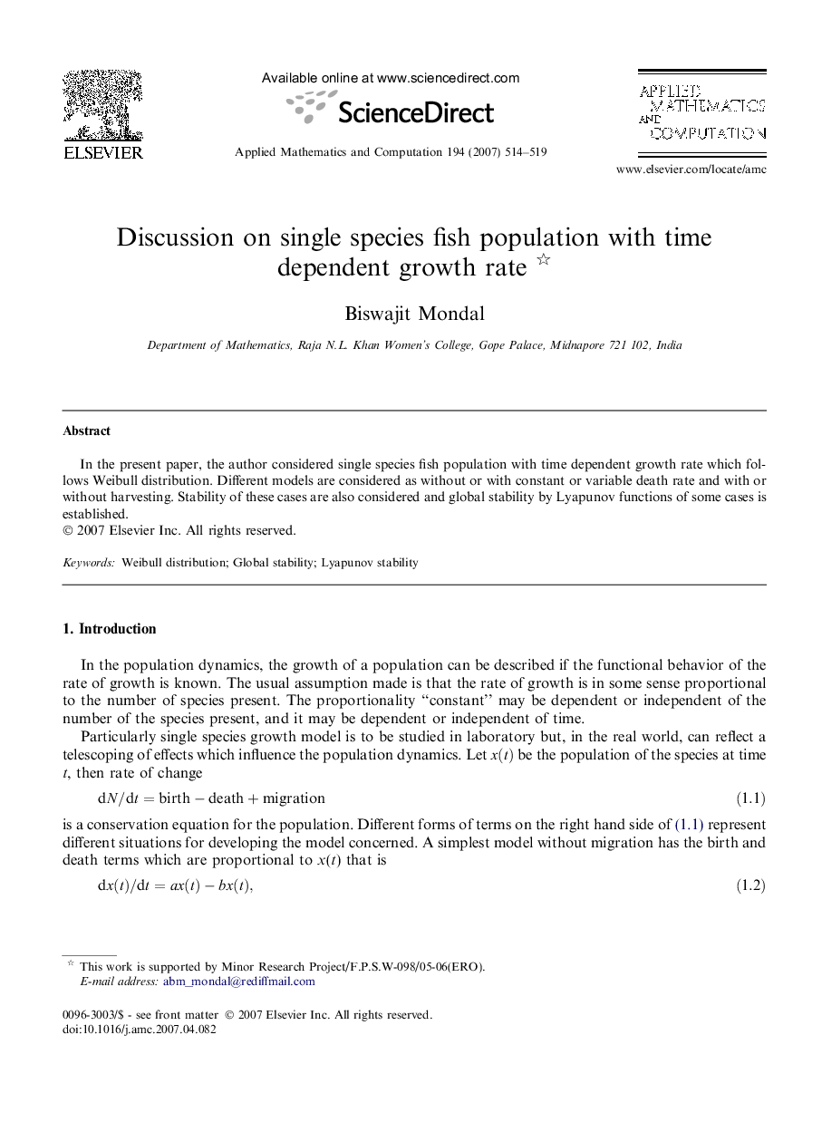 Discussion on single species fish population with time dependent growth rate