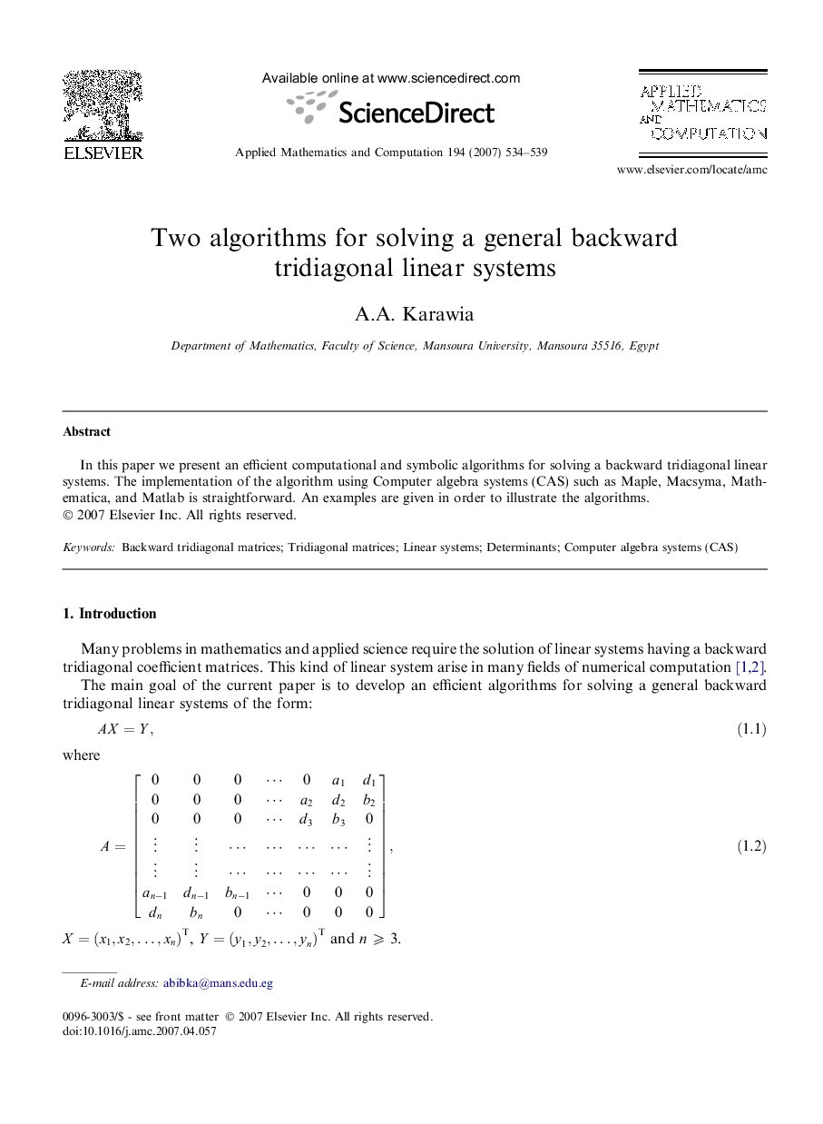 Two algorithms for solving a general backward tridiagonal linear systems