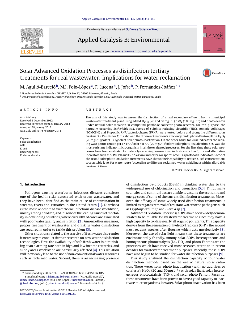 Solar Advanced Oxidation Processes as disinfection tertiary treatments for real wastewater: Implications for water reclamation