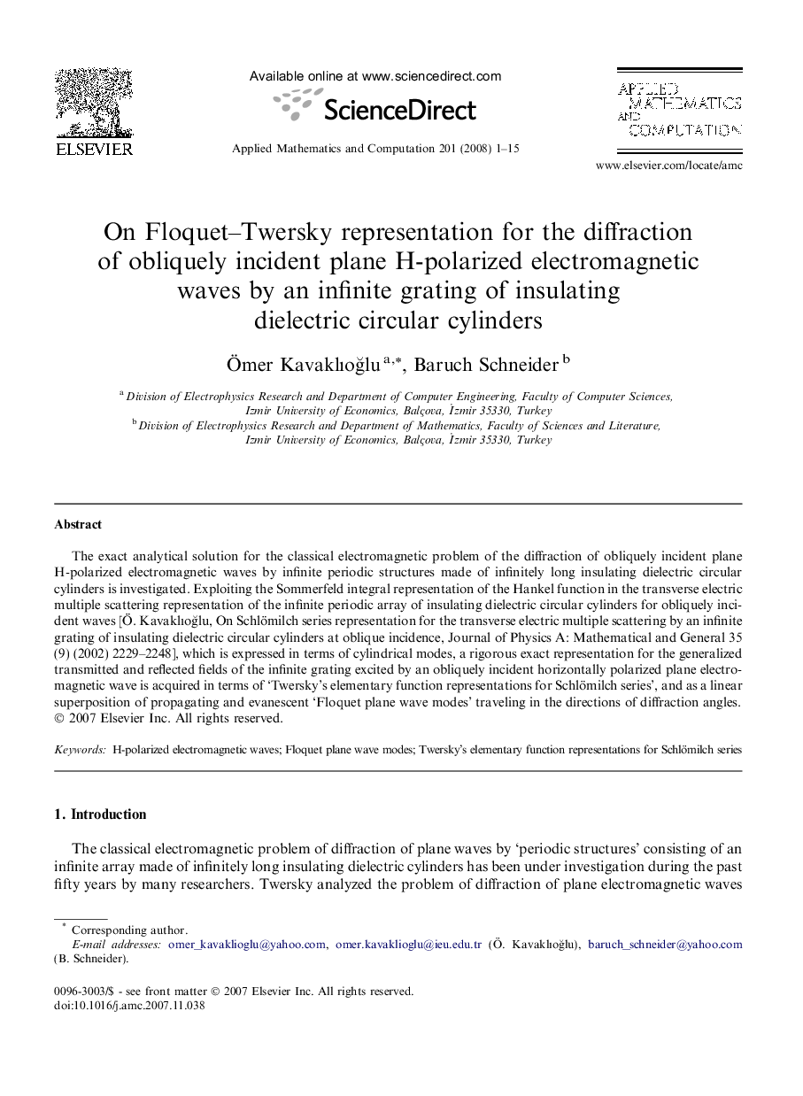 On Floquet–Twersky representation for the diffraction of obliquely incident plane H-polarized electromagnetic waves by an infinite grating of insulating dielectric circular cylinders