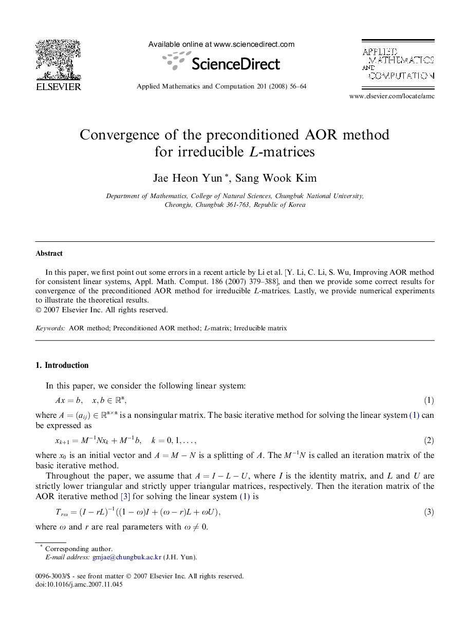 Convergence of the preconditioned AOR method for irreducible L-matrices