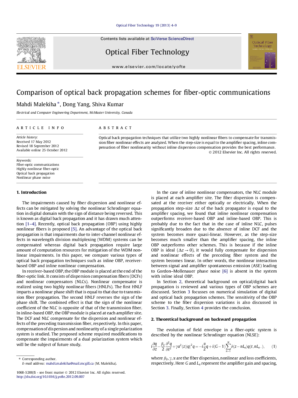 Comparison of optical back propagation schemes for fiber-optic communications