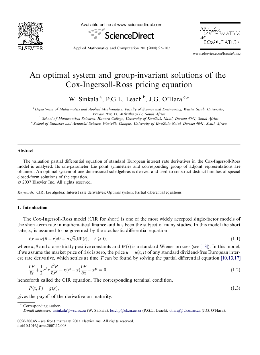 An optimal system and group-invariant solutions of the Cox-Ingersoll-Ross pricing equation