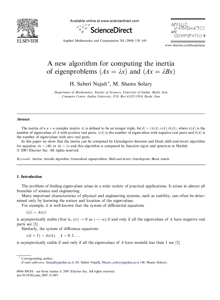 A new algorithm for computing the inertia of eigenproblems (Ax=Î»x) and (Ax=Î»Bx)