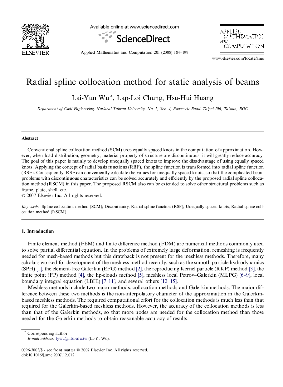 Radial spline collocation method for static analysis of beams