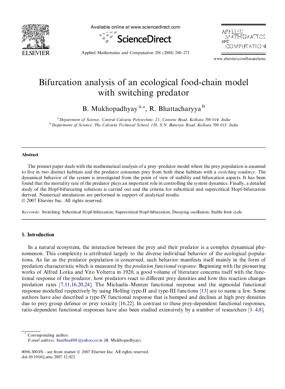 Bifurcation analysis of an ecological food-chain model with switching predator