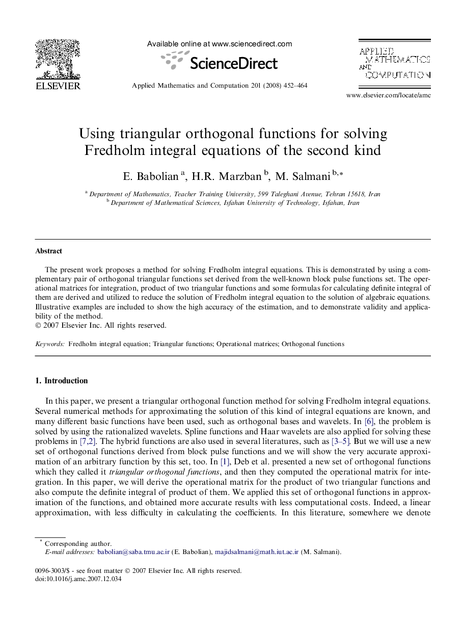 Using triangular orthogonal functions for solving Fredholm integral equations of the second kind