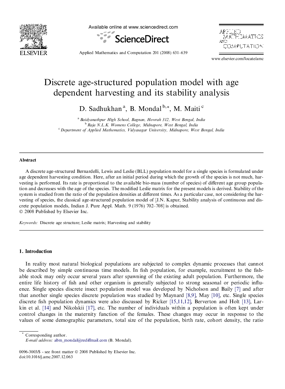 Discrete age-structured population model with age dependent harvesting and its stability analysis