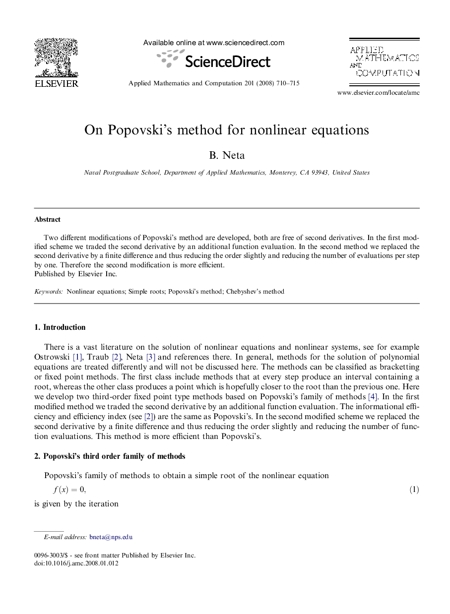 On Popovski's method for nonlinear equations