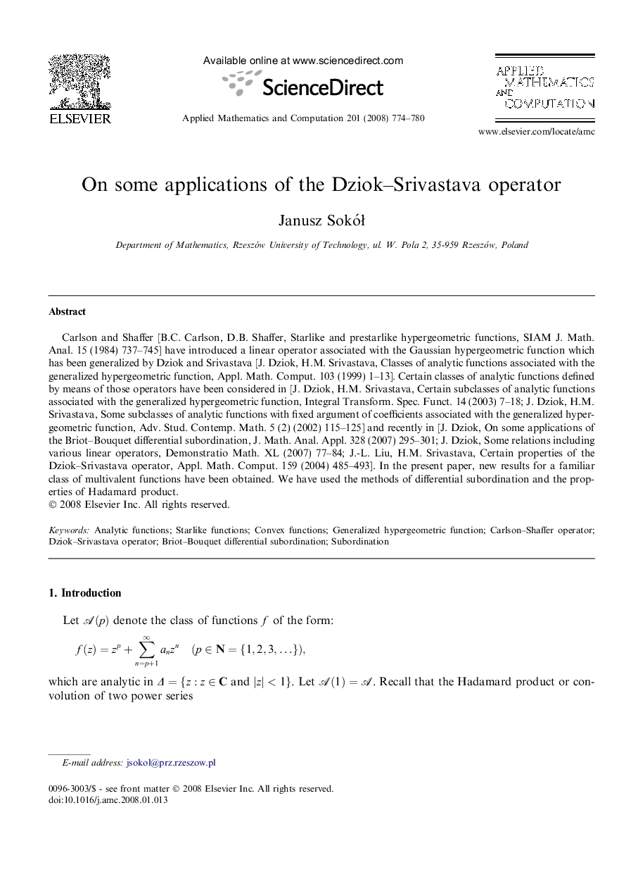 On some applications of the Dziok-Srivastava operator