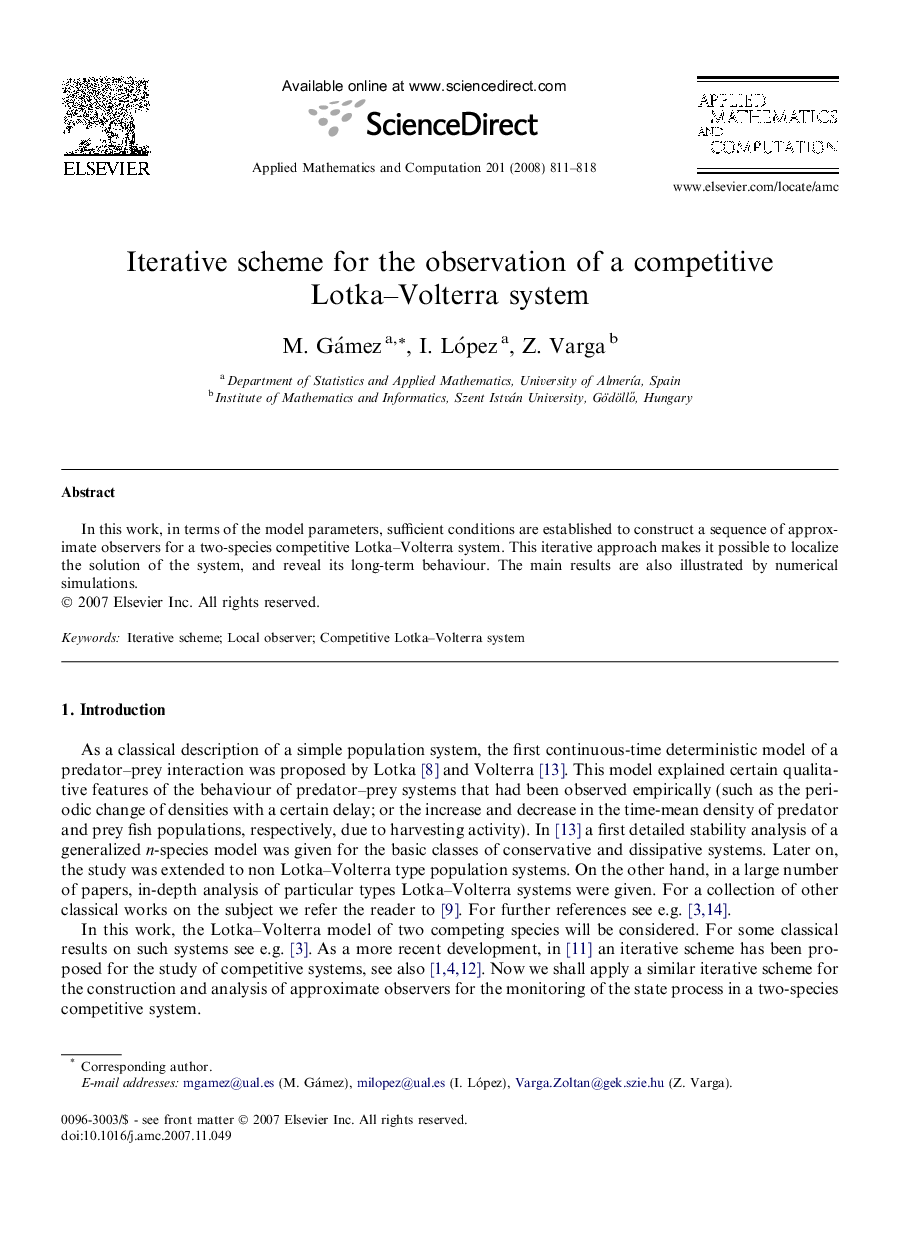 Iterative scheme for the observation of a competitive Lotka-Volterra system