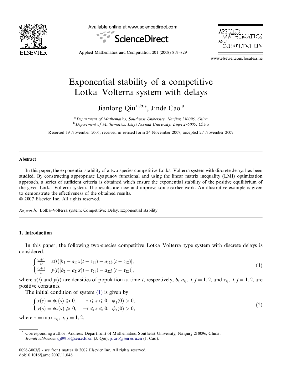 Exponential stability of a competitive Lotka-Volterra system with delays