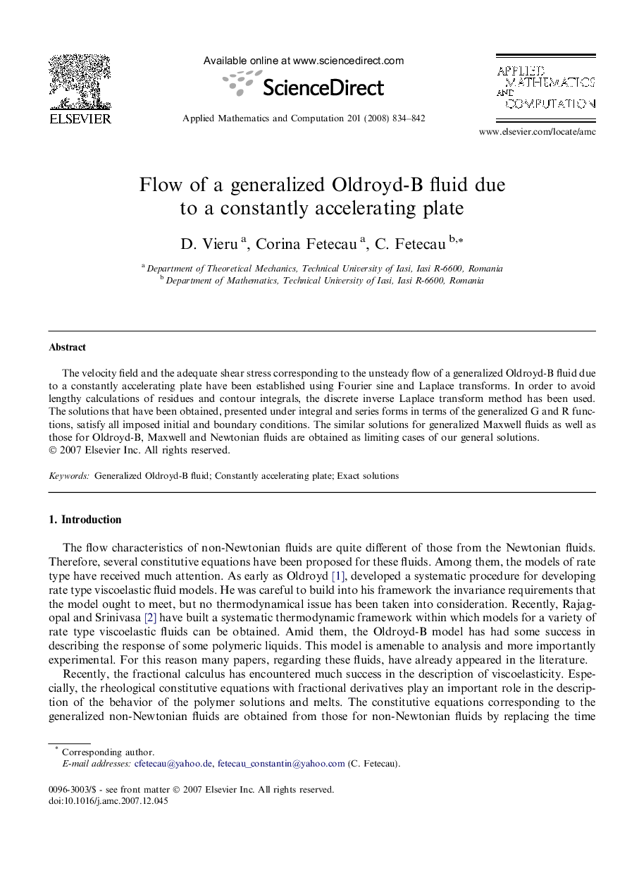 Flow of a generalized Oldroyd-B fluid due to a constantly accelerating plate