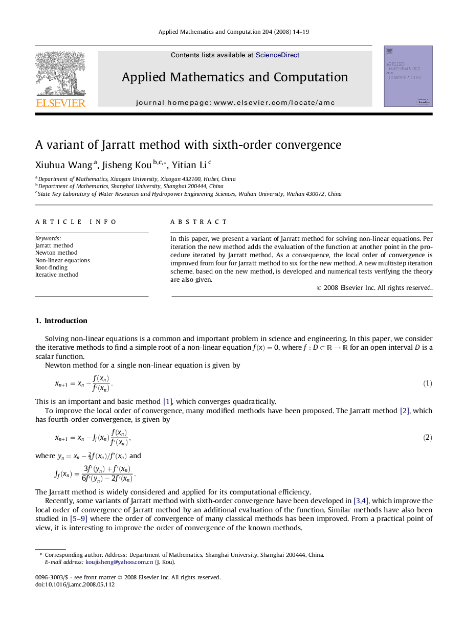 A variant of Jarratt method with sixth-order convergence