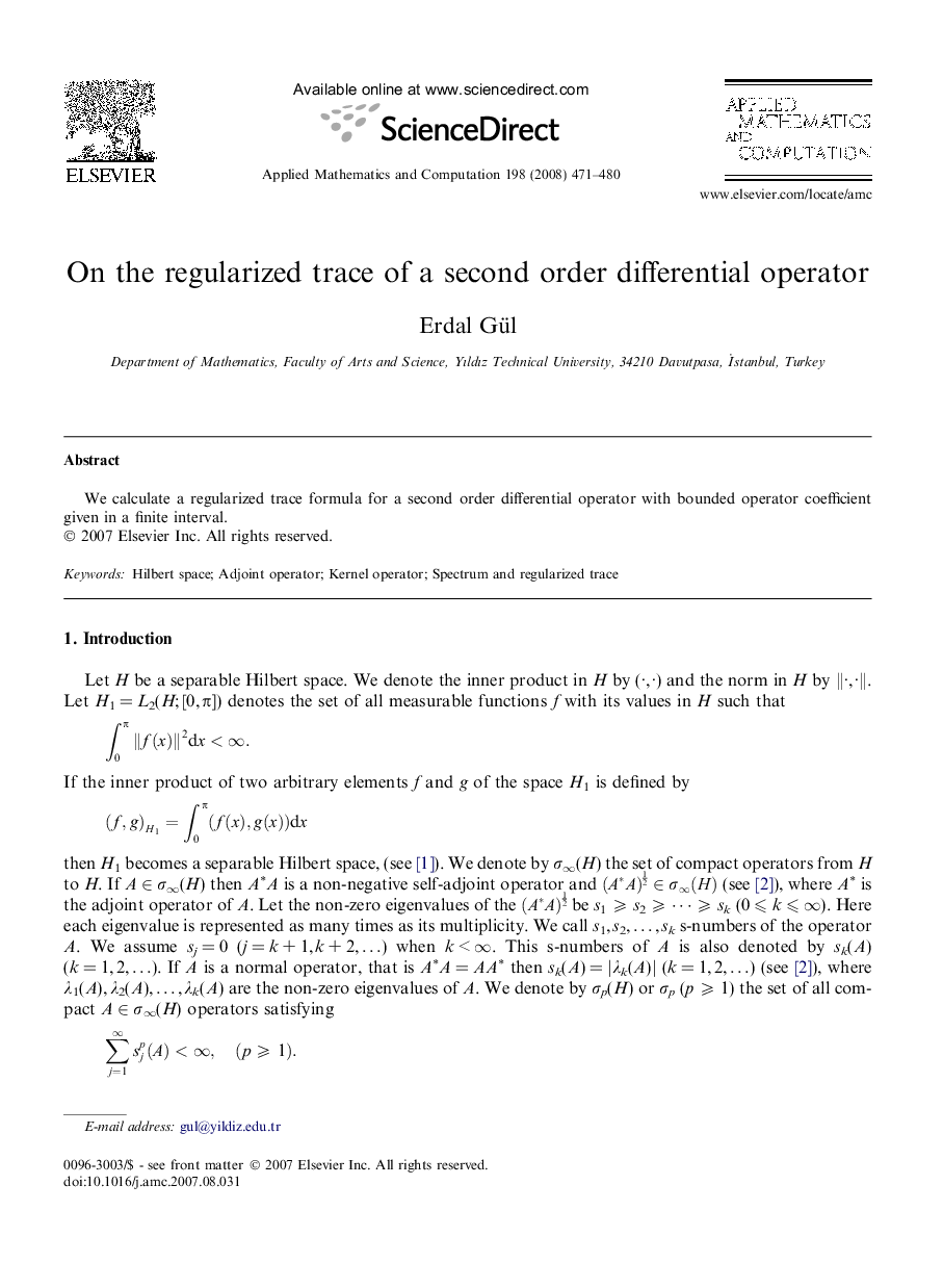 On the regularized trace of a second order differential operator