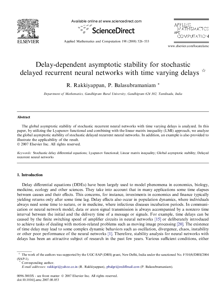 Delay-dependent asymptotic stability for stochastic delayed recurrent neural networks with time varying delays